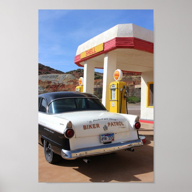 Route 66 Vintage Car Gas Station Foto Poster (Vorne)