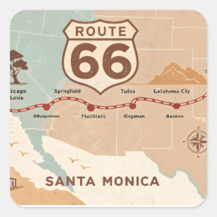 Route 66 Vintage Karte mit historischen Städten Quadratischer Aufkleber