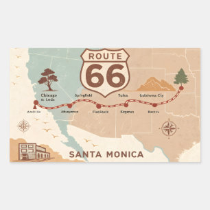 Route 66 Vintage Karte mit historischen Städten Rechteckiger Aufkleber
