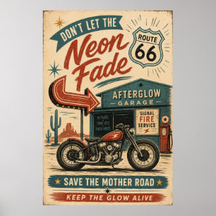 Route 66 Vintage-Motorrad Neon-Americana-Kunst Poster