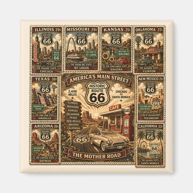 Route 66 Vintage-Reise-Stempel-Magnet Magnet (Vorne)