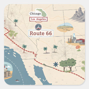 Route 66 Vintage-Reisekarte Illustration Quadratischer Aufkleber