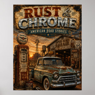 Route 66 Vintage-Rost-und-Chrom-LKW-Garage Poster