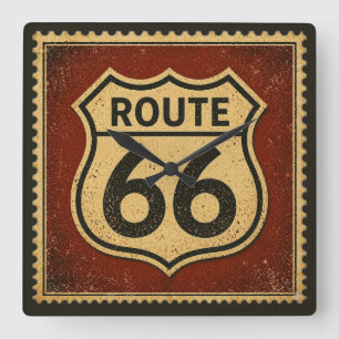Route 66 Vintage Shield Retro-Garagen-Wandkunst Quadratische Wanduhr