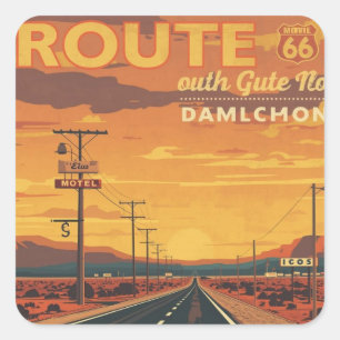 Route 66 Vintage Sunset Road Art Quadratischer Aufkleber