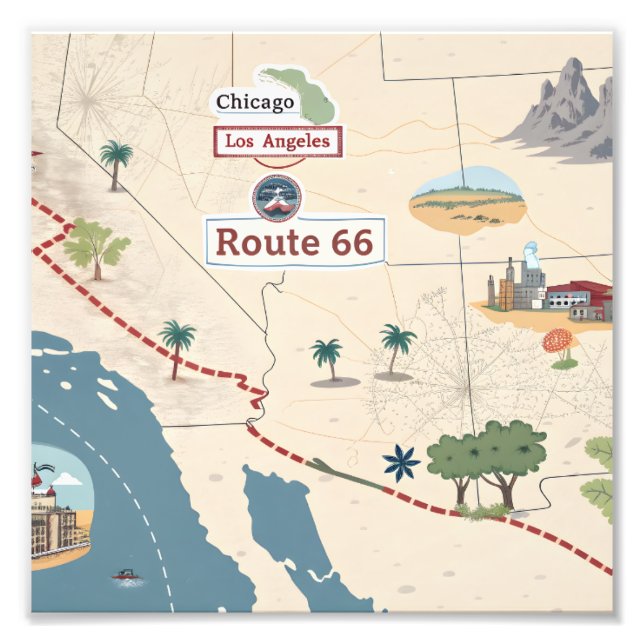 Route 66 Vintage Travel Map Illustration Fotodruck (Vorne)