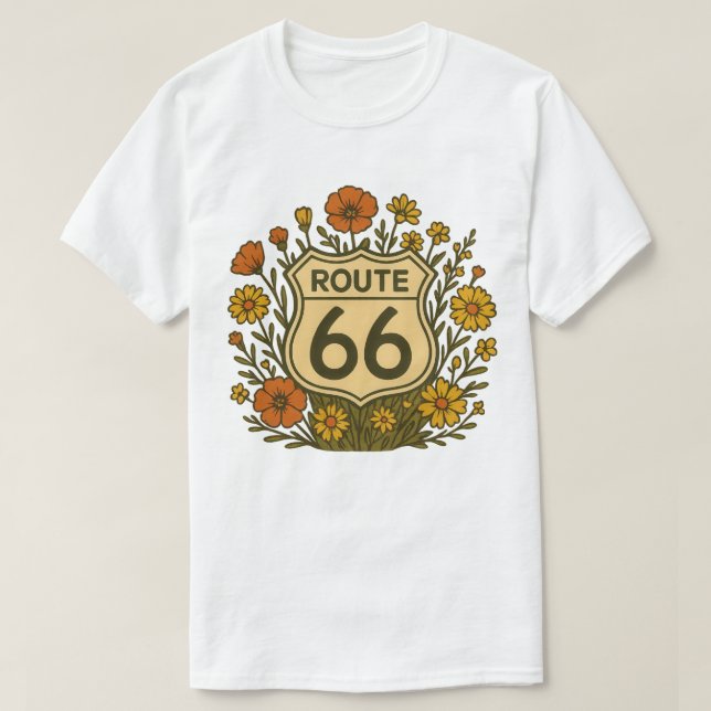 Route 66 Vintages Blumendesign T-Shirt (Design vorne)