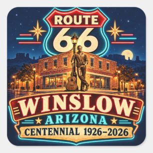 Route 66 Winslow Arizona Centennial Neon Nights Quadratischer Aufkleber