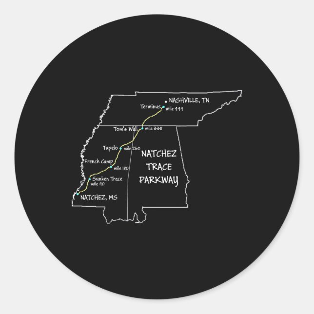 Route Karte der Natchez Trace Parkway National SC Runder Aufkleber (Vorderseite)