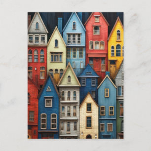 ROW HOUSES FARBIGE ART POSTCARD POSTKARTE
