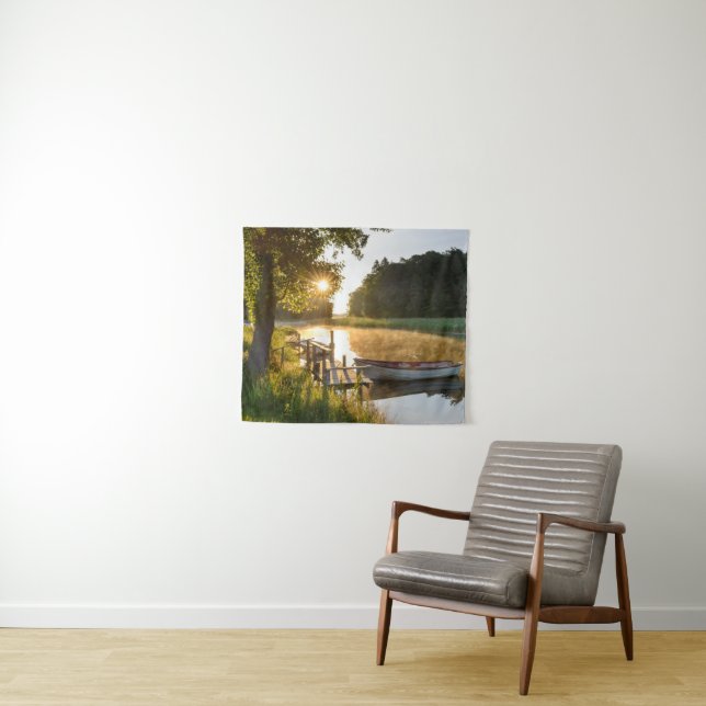 Rowboat festgemacht in See Wandteppich (Beispiel (Horizontal))