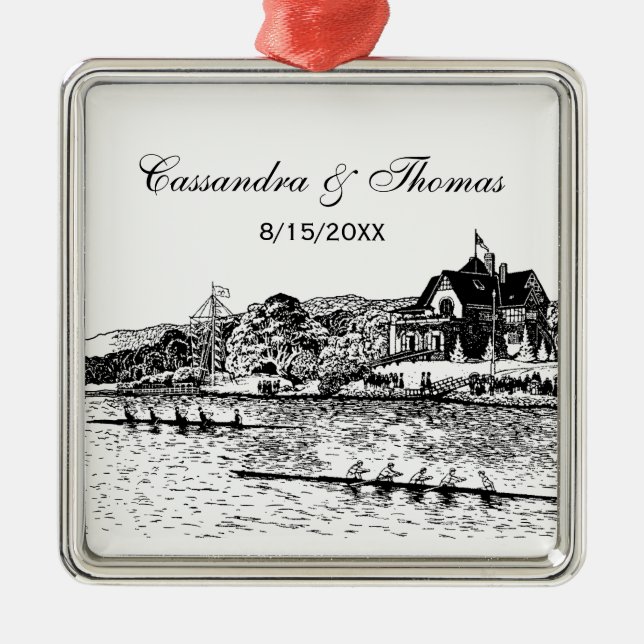 Rowers am Fluss mit dem Boathouse Black Ornament Aus Metall (Vorne)