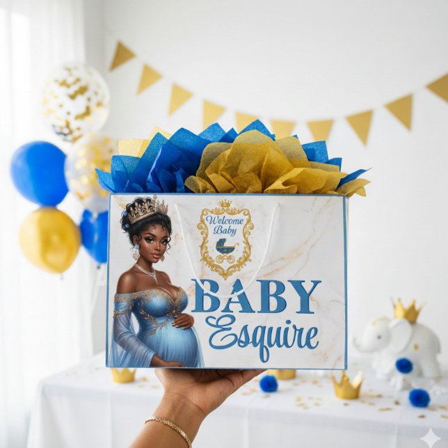 Royal African American Mother to Be Blue & Gold Große Geschenktüte (Celebrate in style with this elegant royal gift bag, perfect for African American mom-to-be 💙)