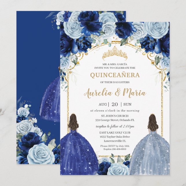 Royal Baby Blue Floral Girls Twins Quinceñera Einladung (Vorne/Hinten)