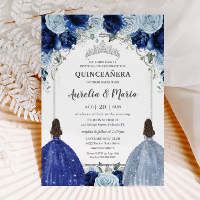 Royal Baby Blue Floral Twins Silver Quinceañera Einladung (Von Creator hochgeladen)