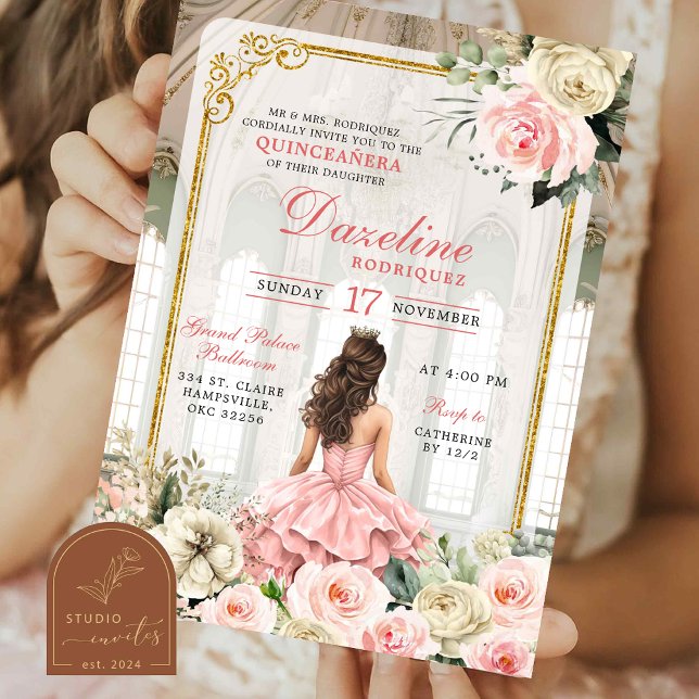 Royal Ballroom Pink Rose Gold Quinceanera Einladung (Von Creator hochgeladen)