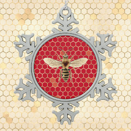Royal Bee and Honeycomb on Red Schneeflocken Zinn-Ornament
