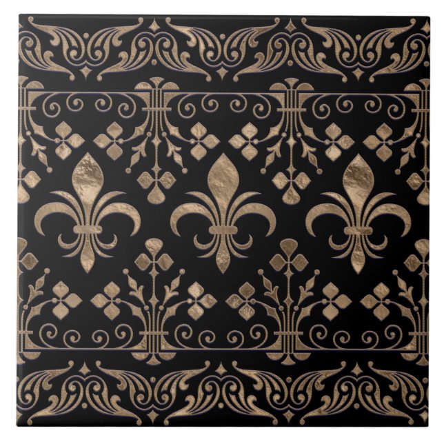 Royal Black and Gold Fleur-de-lis-Ornament Fliese (Vorderseite)