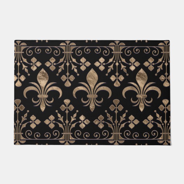 Royal Black and Gold Fleur-de-lis-Ornament Fußmatte (Vorderseite)