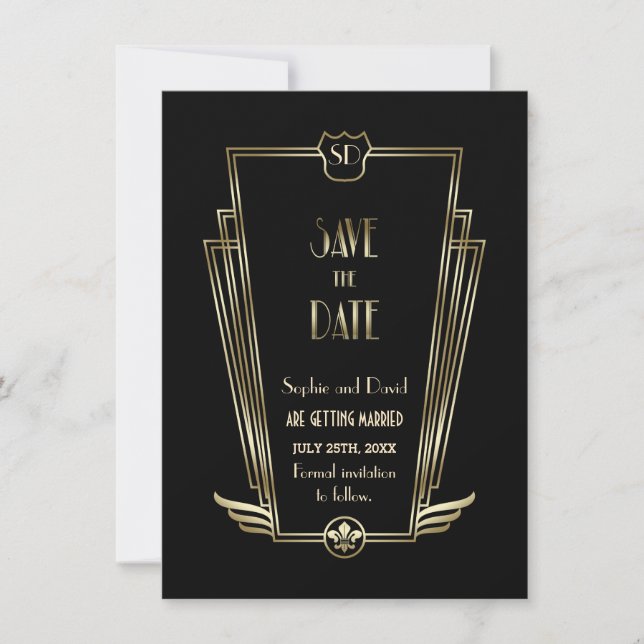 Royal Black Art Deco Monogram Save the Date Einladung (Vorderseite)
