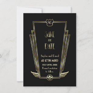 Royal Black Art Deco Monogram Save the Date Einladung