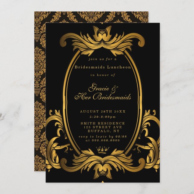 Royal Black Gold Bridesmaids Luncheon Einladung (Vorne/Hinten)