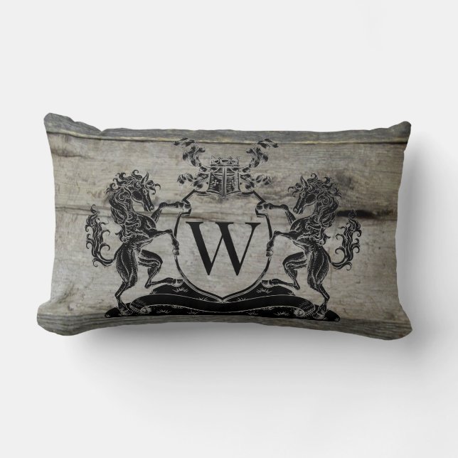 Royal Black Horse Wappen Rustic Barn Wood Pillow Lendenkissen (Vorderseite)