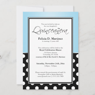Royal Black Polka Dot Blue Quinceañera Einladungen