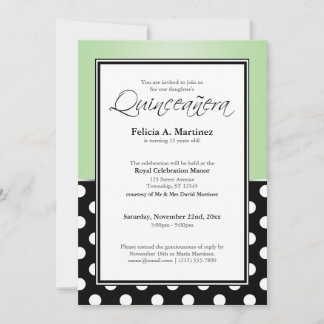 Royal Black Polka Dot Green Quinceañera Einladung