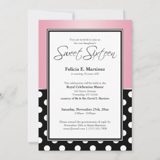 Royal Black Polka Dot Pink 16 . Geburtstag Einladung