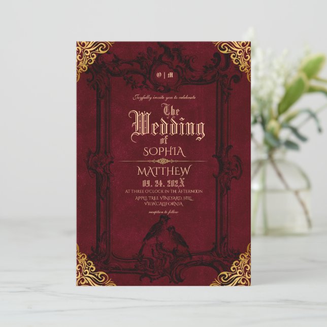 Royal Black Red Fantasy Medieval Wedding  Einladung (Stehend Vorderseite)