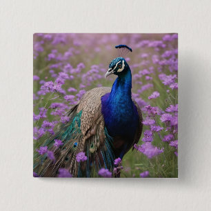 Royal Blau: Blauer Pfau auf Lavendelfeld, Button