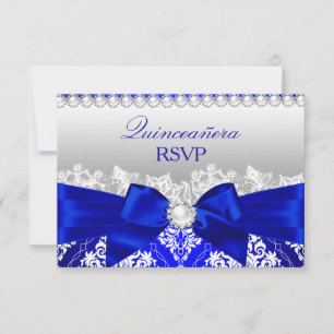 Royal Blau Damast & Perlen-Schleife Quinceanera RS RSVP Karte