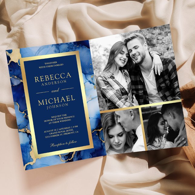 Royal Blau Gold Flüssigtinte QR Code Hochzeit Einladung (Von Creator hochgeladen)