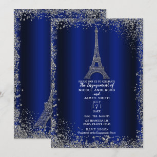 Royal Blau Silber Glitter Eiffelturm Verlobung Einladung