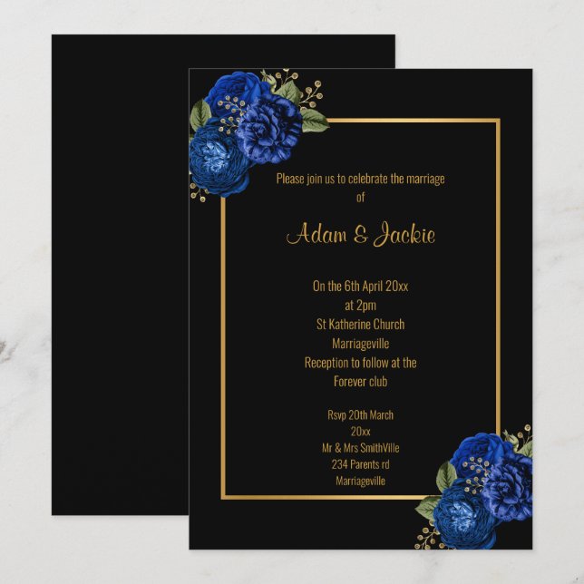 ROYAL BLAUE GOLD FLORAL BOUQUET WEDING INVITATION EINLADUNG (Vorne/Hinten)
