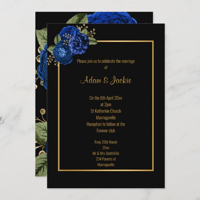ROYAL BLAUE GOLD FLORAL ELEGANT WEDING INVITATION EINLADUNG (Vorne/Hinten)