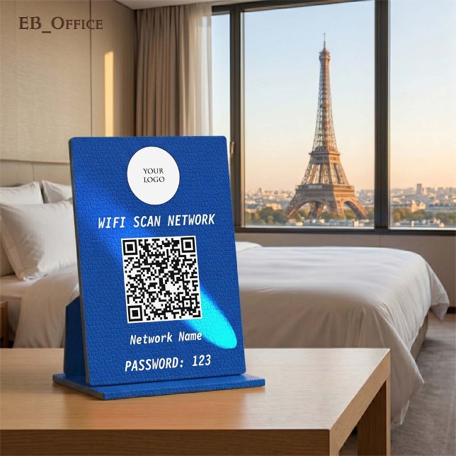 Royal Blaues Leder Cyan Spotlight QR Code Wifi Fotoplatte (Luxury QR Code Wi-fi Tabletop Sign
& Logo
•	Blue Leather pattern
•	5” x 7”
)