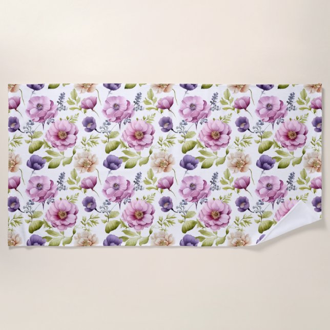 Royal Bloom Symphony Lila Floral Pattern Strandtuch (Vorderseite)
