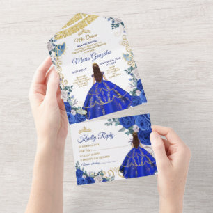 Royal Blue 16. Geburtstag Quinceañera Goldkrone All In One Einladung