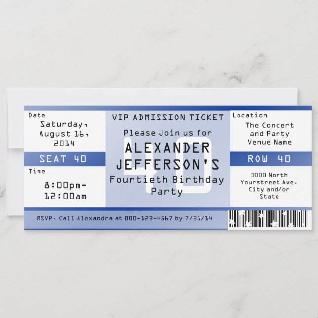 Royal Blue 40. Geburtstag Party Ticket Einladung (Vorderseite)