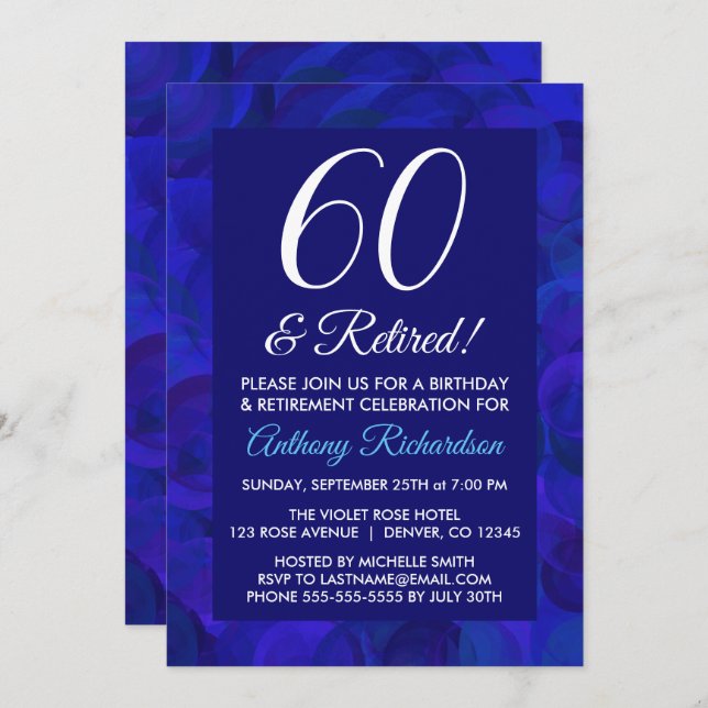 Royal Blue 60 und Party für Rentenersatz Einladung (Vorne/Hinten)
