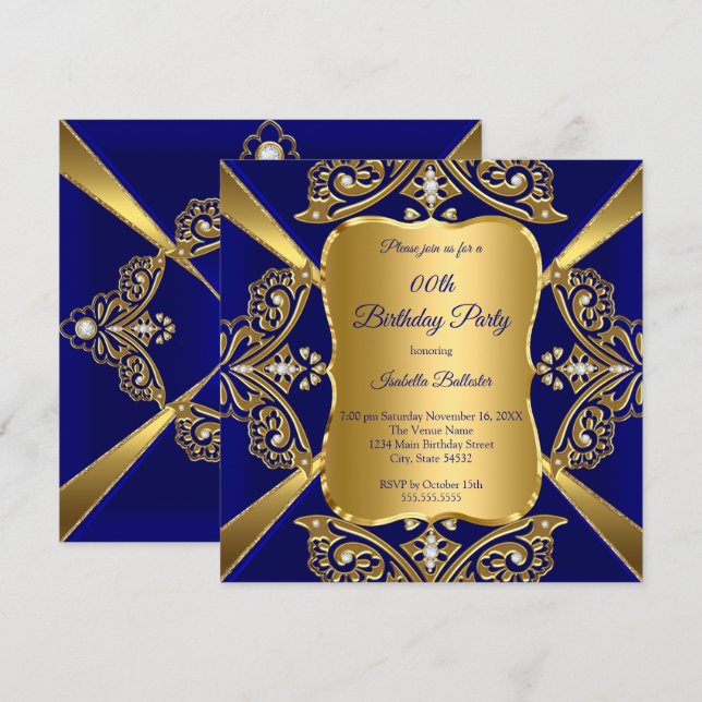 Royal Blue Add Age Birthday Party Gold Diamond Einladung (Vorne/Hinten)