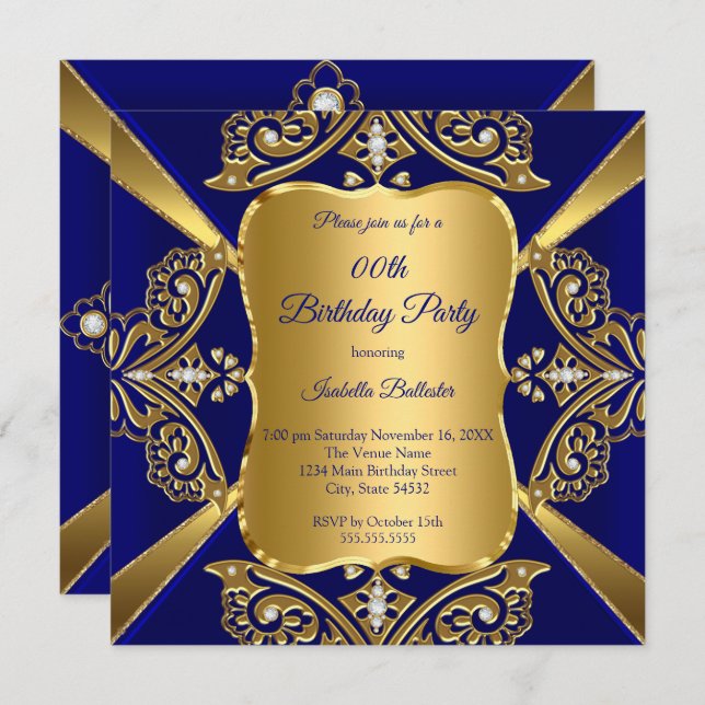 Royal Blue Add Age Birthday Party Gold Diamond Einladung (Vorne/Hinten)