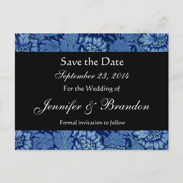 Royal Blue and Black Damask Save the Date Postcard Ankündigungspostkarte (Vorderseite)