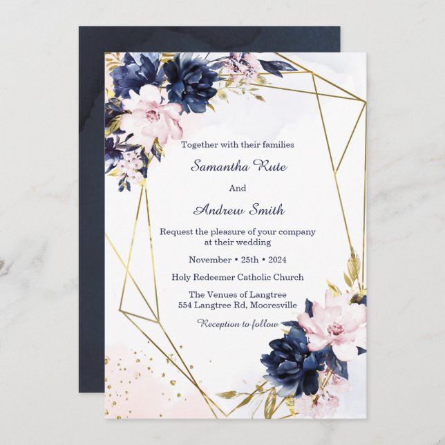 Royal Blue and Blush Wedding Template Einladung (Vorne/Hinten)