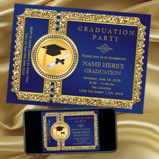 Royal Blue and Gold Abschluss Einladung (Royal blue and gold graduation party invitation. Instant download file and printed invites available)