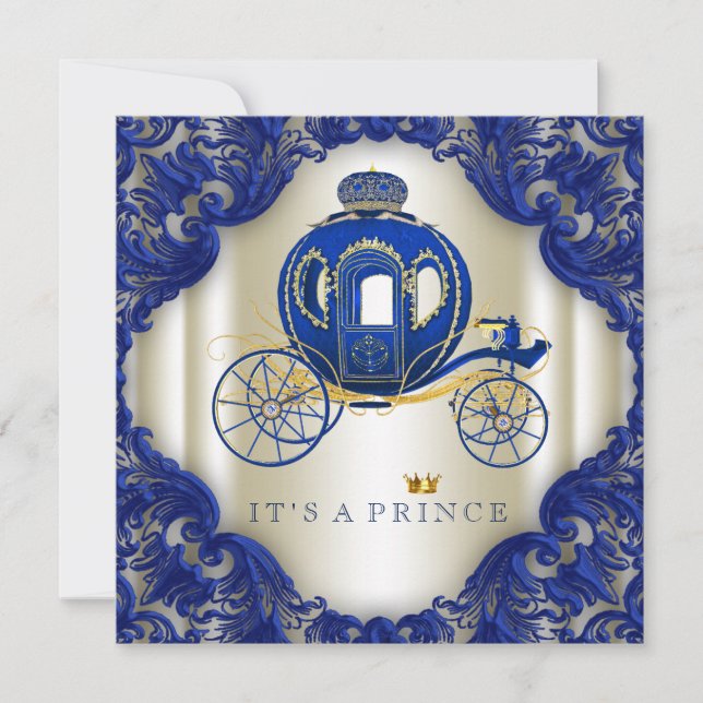 Royal Blue and Gold Carriage Prince Baby Dusche Einladung (Vorderseite)
