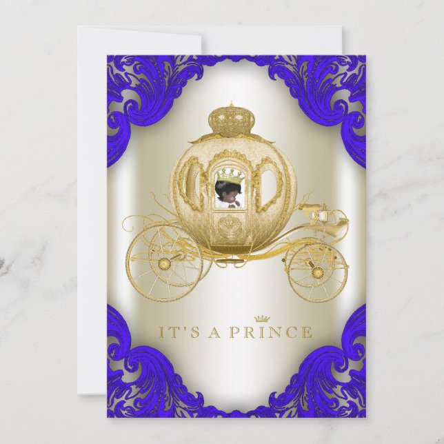 Royal Blue and Gold Carriage Prince Baby Dusche Einladung (Vorderseite)