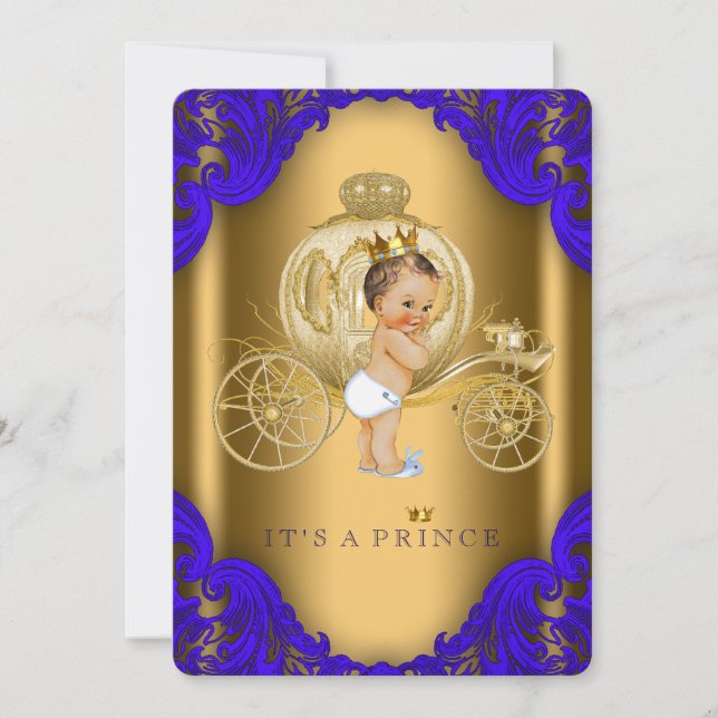 Royal Blue and Gold Carriage Prince Baby Dusche Einladung (Vorderseite)